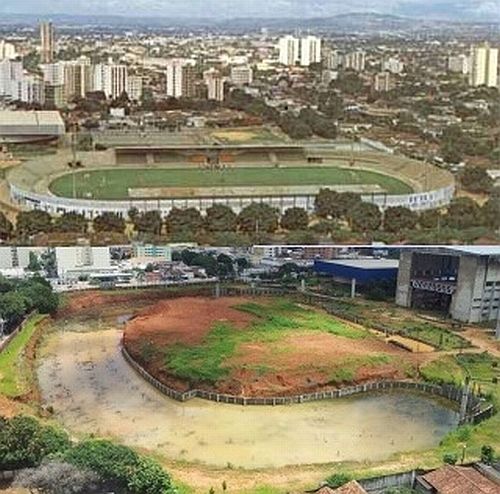 Estádio Olímpico de Goiânia: antes (acima) e depois (abaixo)